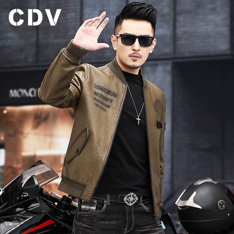 油蜡海宁真皮皮衣男绵羊皮羽绒服棒球骑行机车夹克休闲短款薄外套