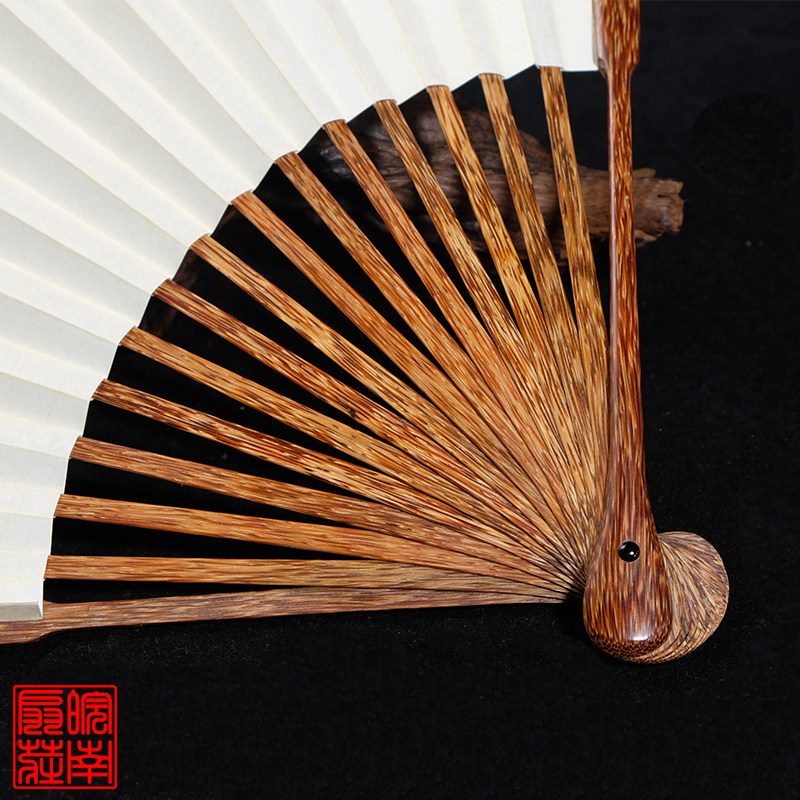95寸16方芝麻棕竹宣纸折扇苏工观音文玩中国扇子