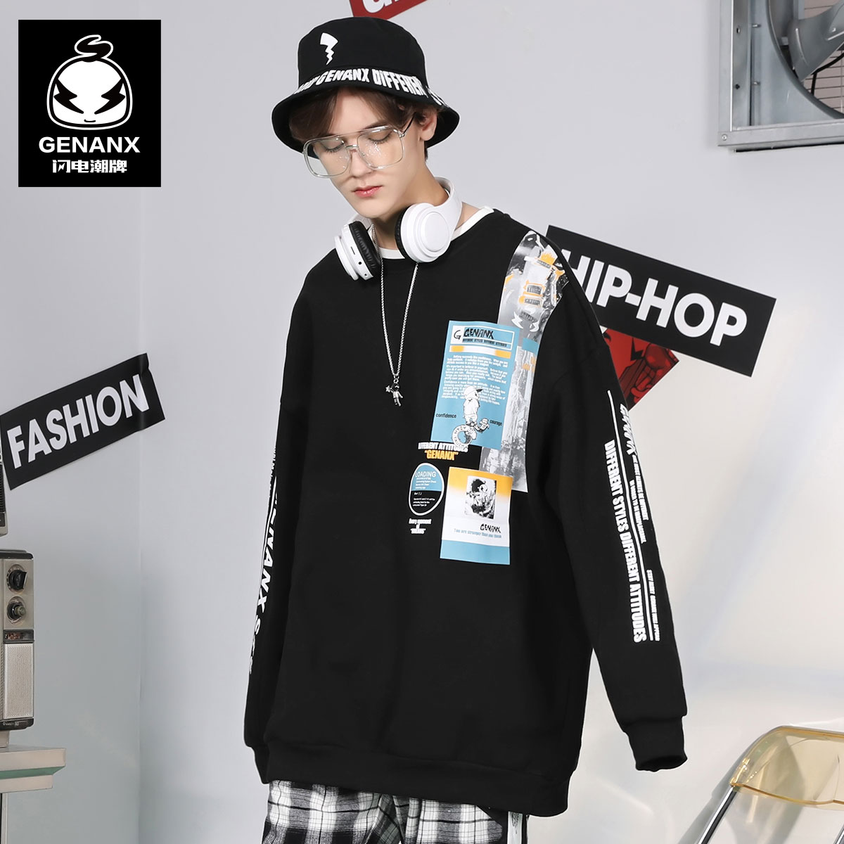 GENANX闪电潮牌套头卫衣男秋季圆领拉绒布潮设计感叠穿男