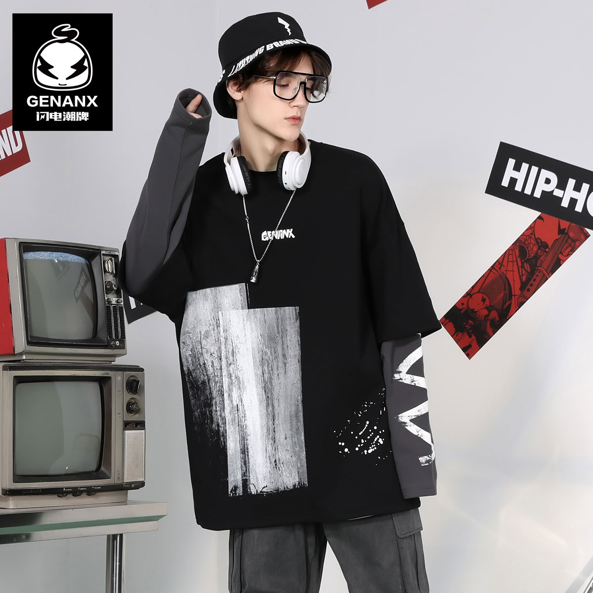 GENANX闪电潮牌假两件卫衣男宽松时尚印花叠穿打底衫秋季上衣男生