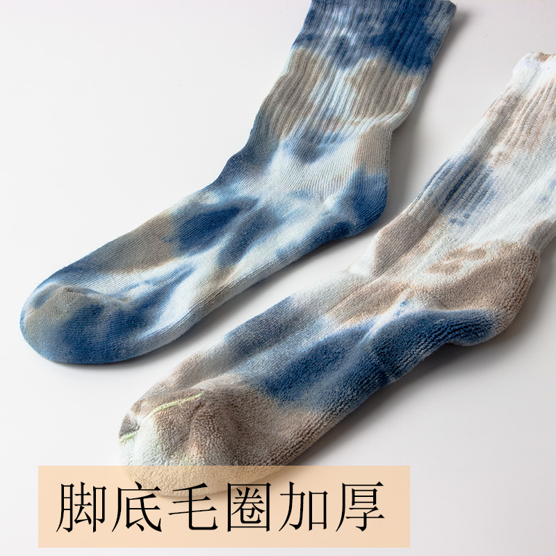 扎染袜子中筒长袜春夏纯棉毛巾运动彩色潮流中筒袜