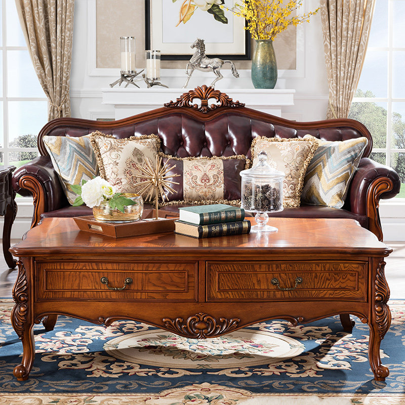 储物茶桌欧式茶几实木茶台长方形复古美式桌子茶几