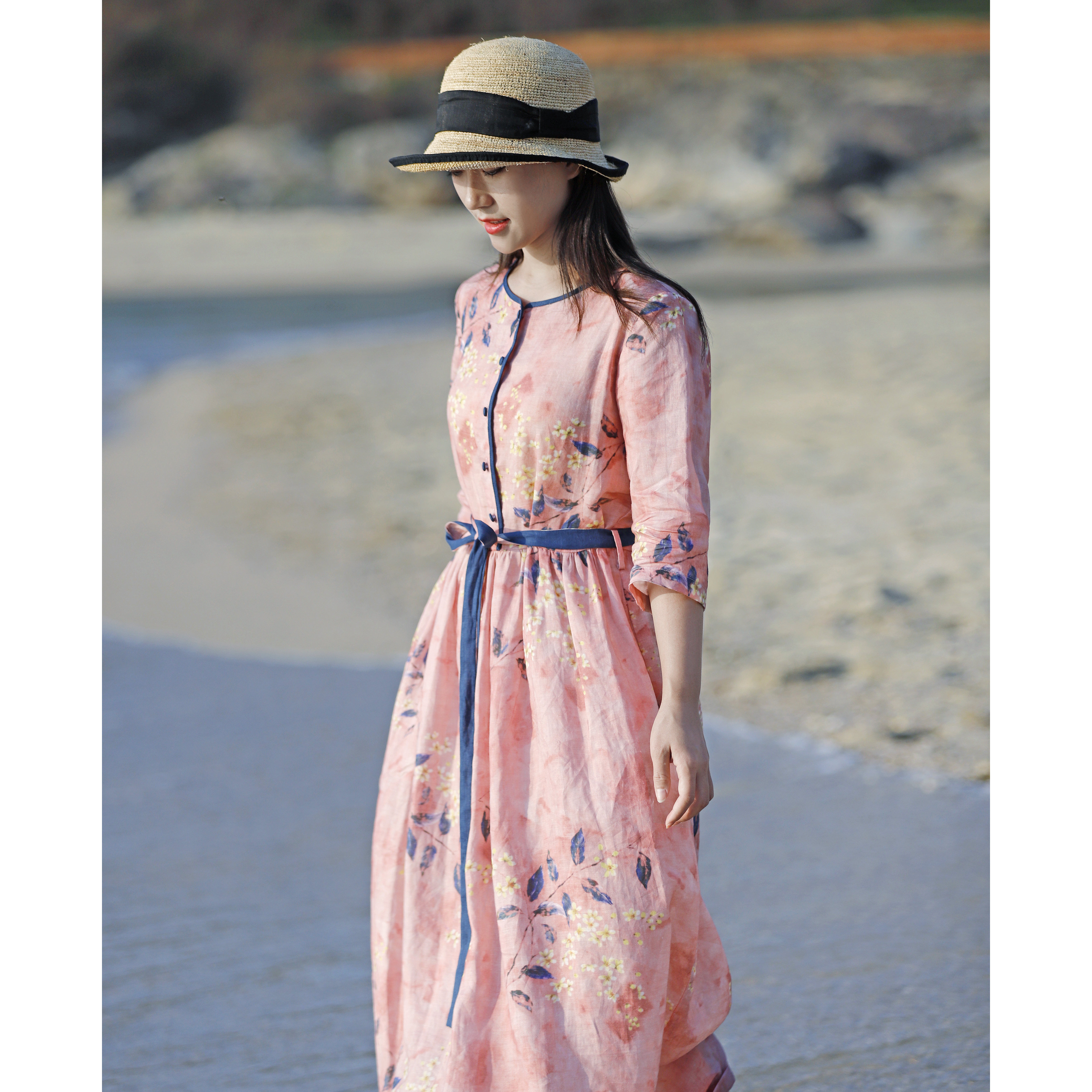 十五五家2021原创新款女装苎麻印花连衣裙宽松连衣裙