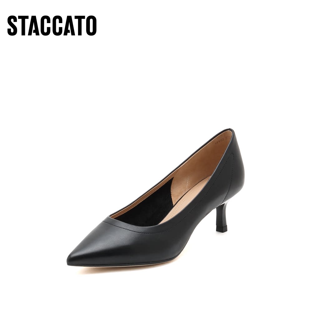 思加图新款尖头通勤中跟跟鞋气质跟单鞋女皮鞋单鞋