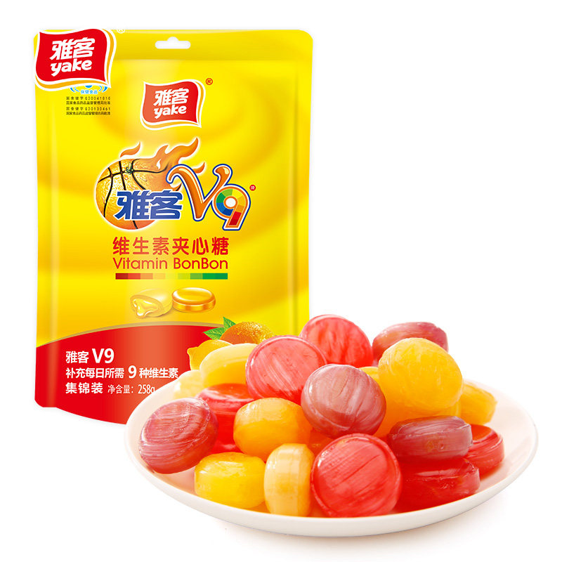 雅客v9夹心糖硬糖办公室休闲零食多口味维生素糖水果糖258g