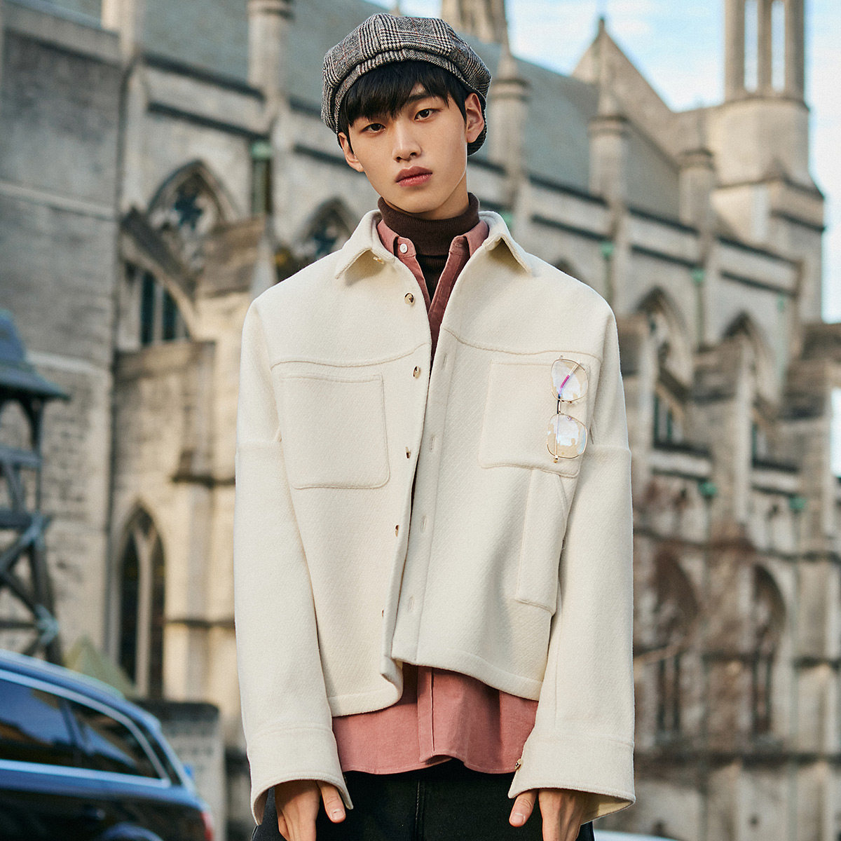 太平鸟男装 白色双面呢大衣男士工装夹克外套翻领短款羊毛大衣潮