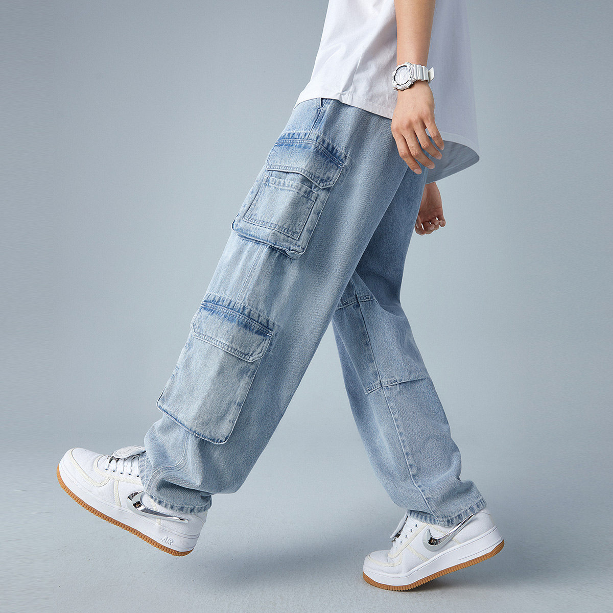 太平鸟男装新款多口口袋宽松牛仔裤男韩版潮流街头牛仔裤