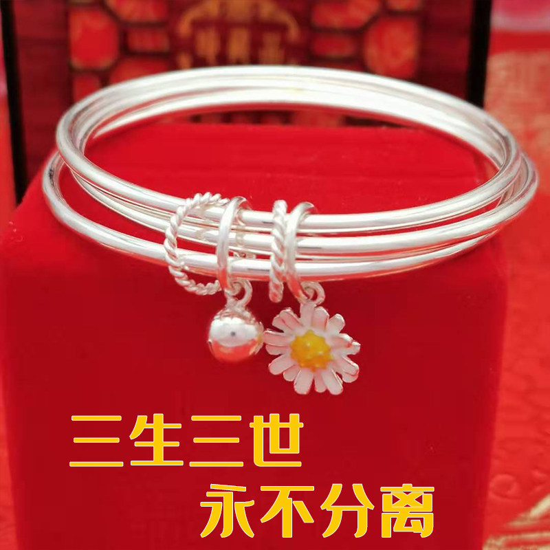 臻品银匠纯银手镯女款银饰手环足银闭口实心圆条手镯