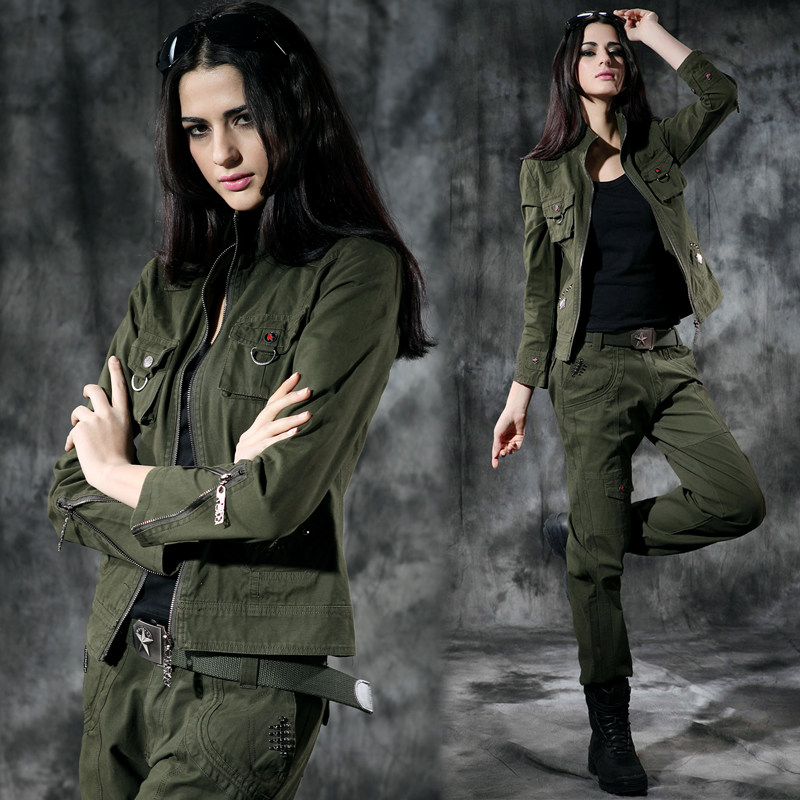 嗨呀网 女装 休闲迷彩服夹克女短款军绿军装港风工装外套修身立领战术
