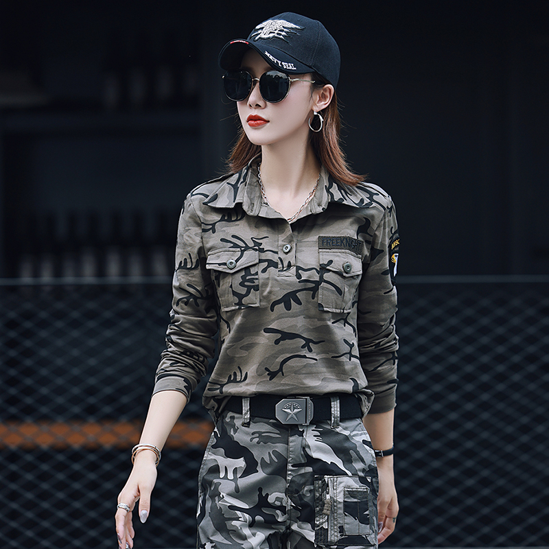 2022新款春季迷彩长袖t恤女潮帅工装上衣显瘦弹力宽松水兵舞服装