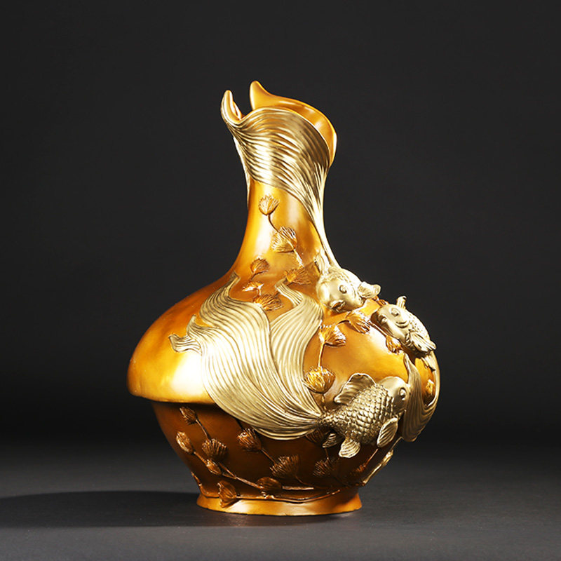 手工全铜年年有余花瓶套色切金工艺品办公室礼品家居花瓶