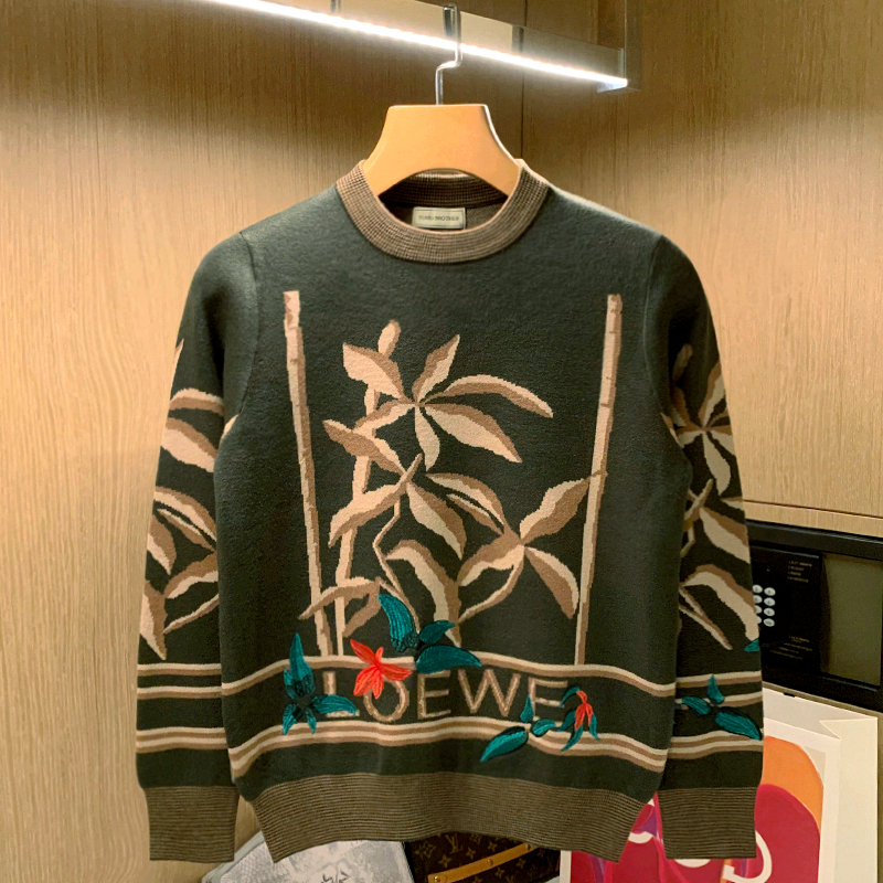 欧美走秀款秋冬季植物花卉提花针织衫复古潮流个性绣花圆领毛衣男