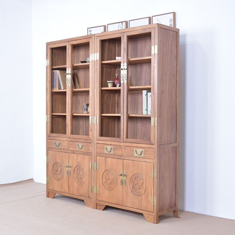 老榆木书柜新中式实木书橱简约现代客厅书房储物柜玻璃门隔断柜