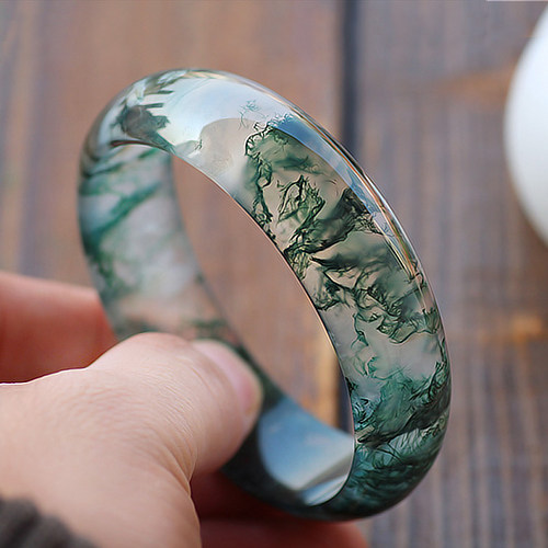 玛瑙正品碧雅水草手镯绿色异象冰种苔藓女款手镯