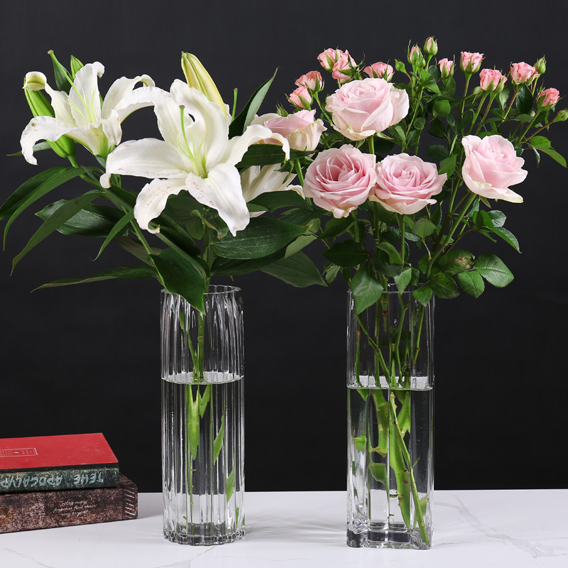 花瓶插花玻璃透明方形客厅摆件百合富贵竹仿真花瓶