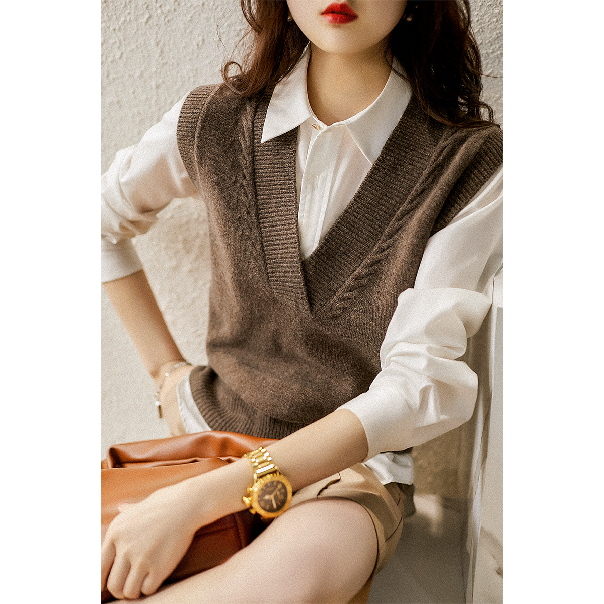 [ZZR460906AG] 笑涵阁秋日新活力柔软细腻羊毛羊绒绞花背心毛衣