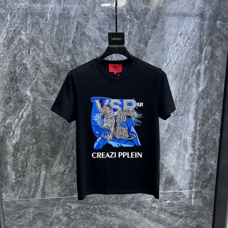 欧洲站时尚高端2022夏新品欧货豹子印花烫钻修身短袖T恤男潮冰丝
