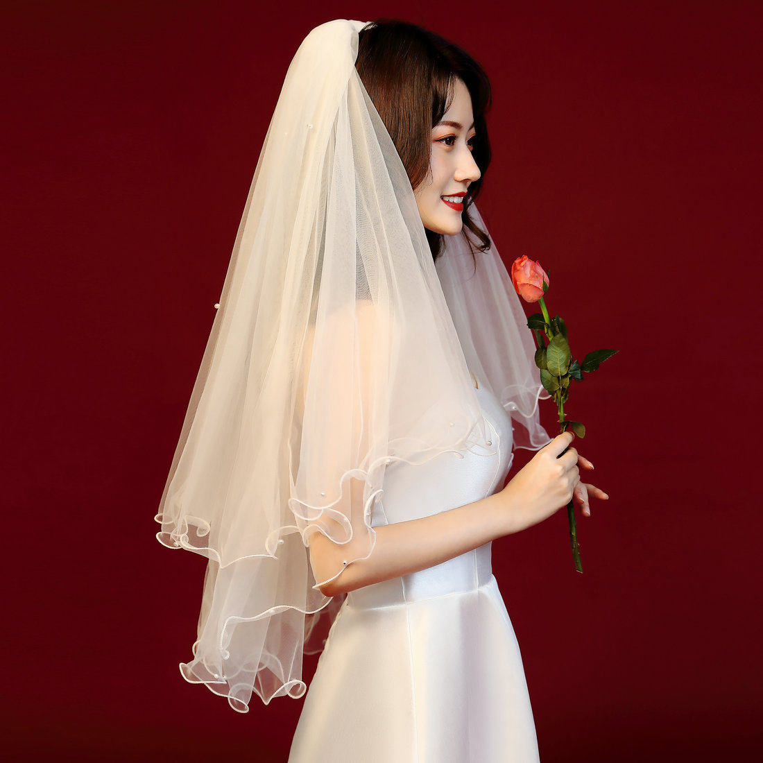 头纱韩式新娘超仙双层造型婚礼婚纱头饰森系头纱