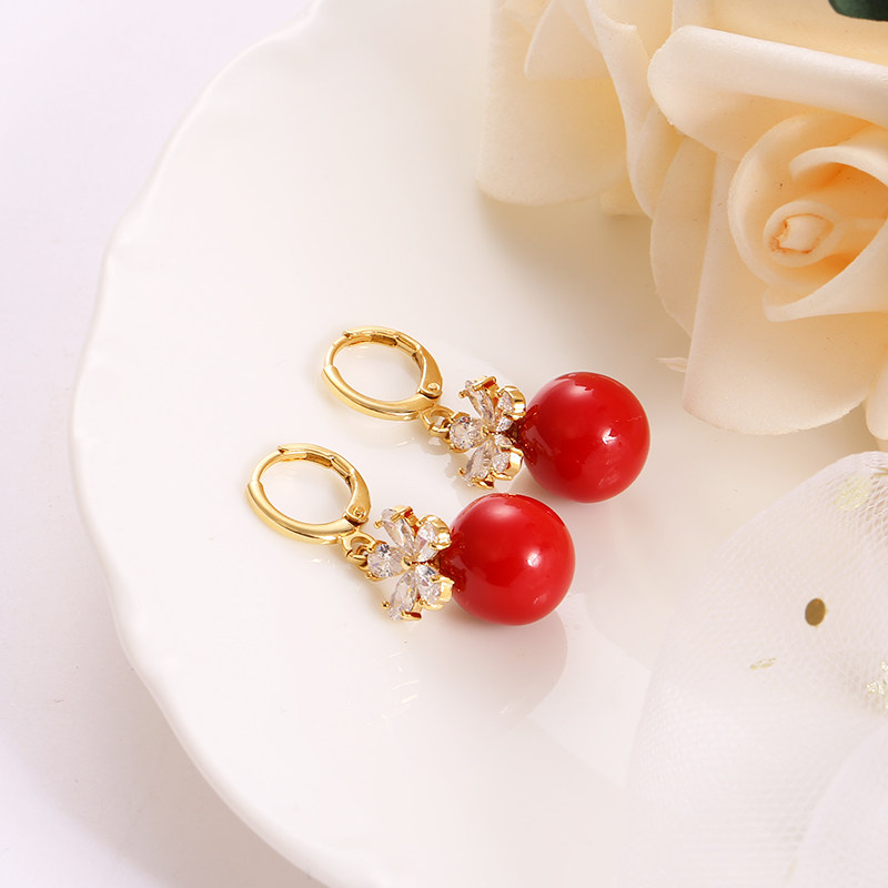 红色珍珠耳环新娘结婚耳饰设计耳钉银针中国耳环