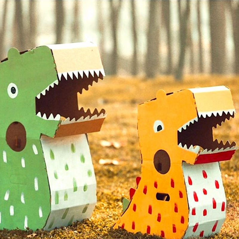 纸壳箱恐龙玩具diy手工模型可穿穿戴头套幼儿园白模填色