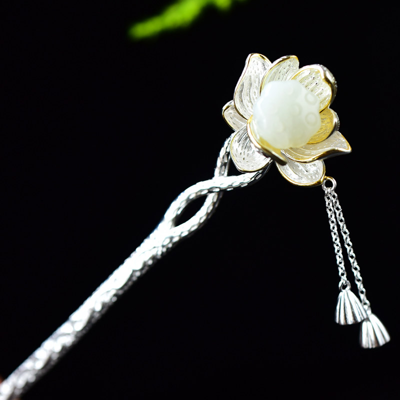 纯银和田玉莲莲花古典发簪流苏莲藕古风玉簪发饰