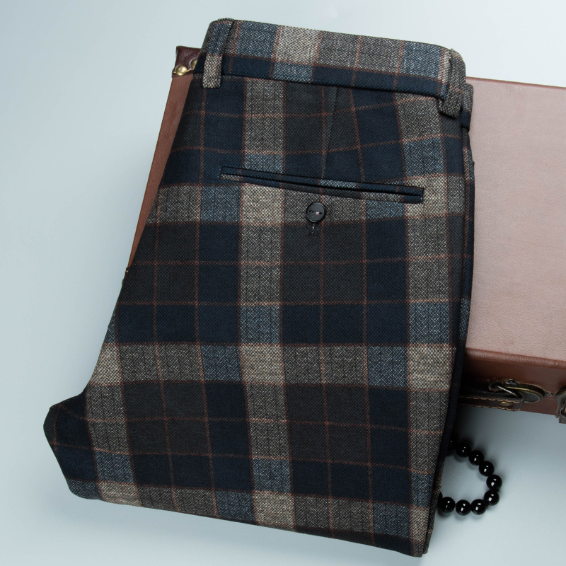 男士休闲裤秋冬季弹力商务长裤修身直筒高腰中年男裤毛呢格子裤男