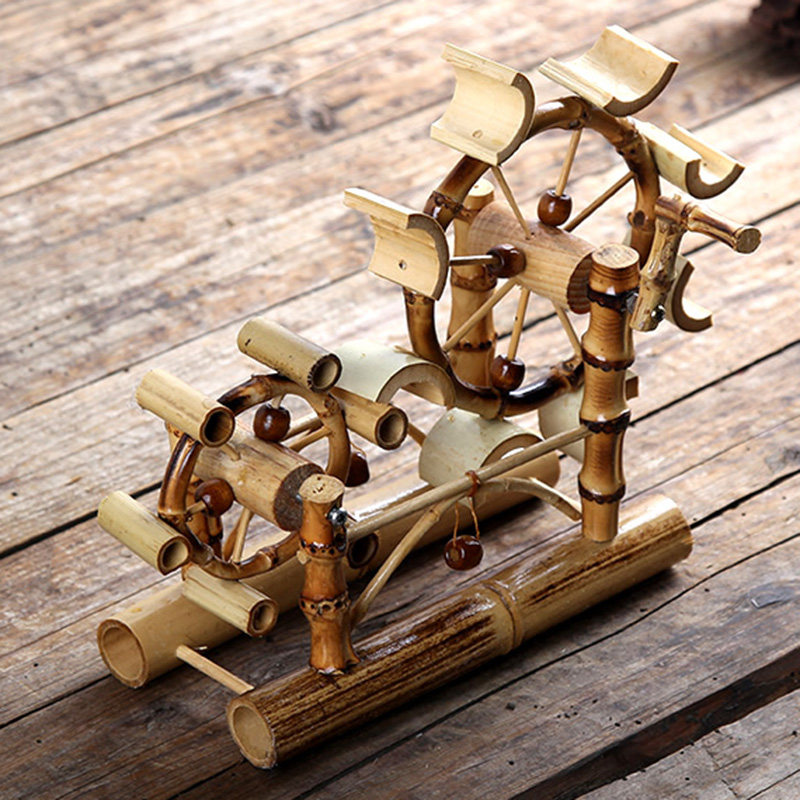 竹木工艺品摆件儿童玩具创意转运桌面风车水车仿真竹编