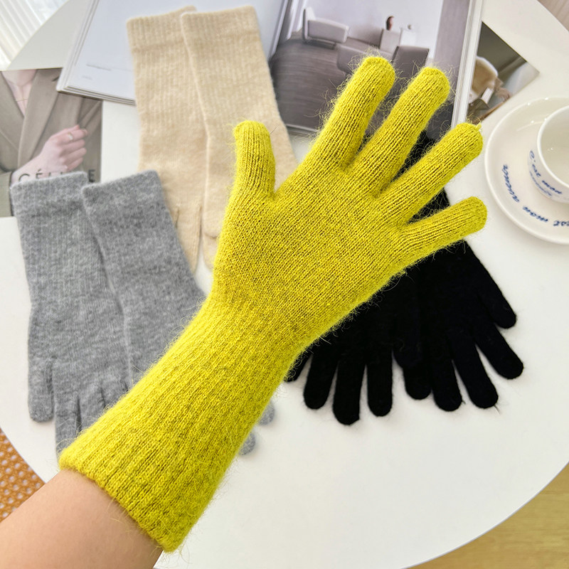 韩国长腕分指手手套冬季长款纯色网红简约针织手套