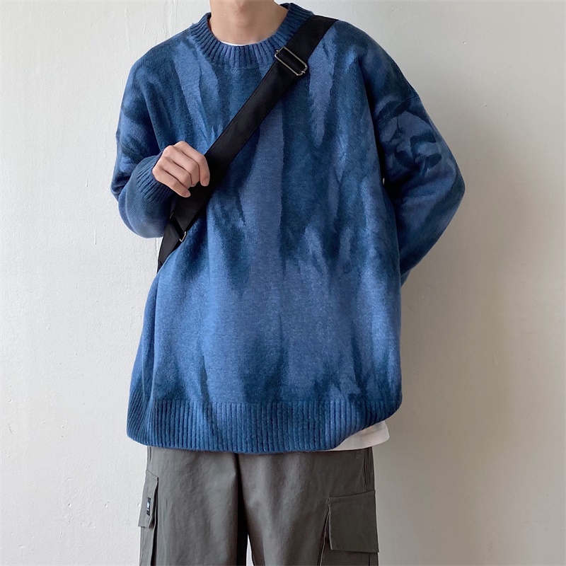 个性扎染渐变毛衣日系复古青年宽松圆领针织衫潮男女秋季慵懒外套