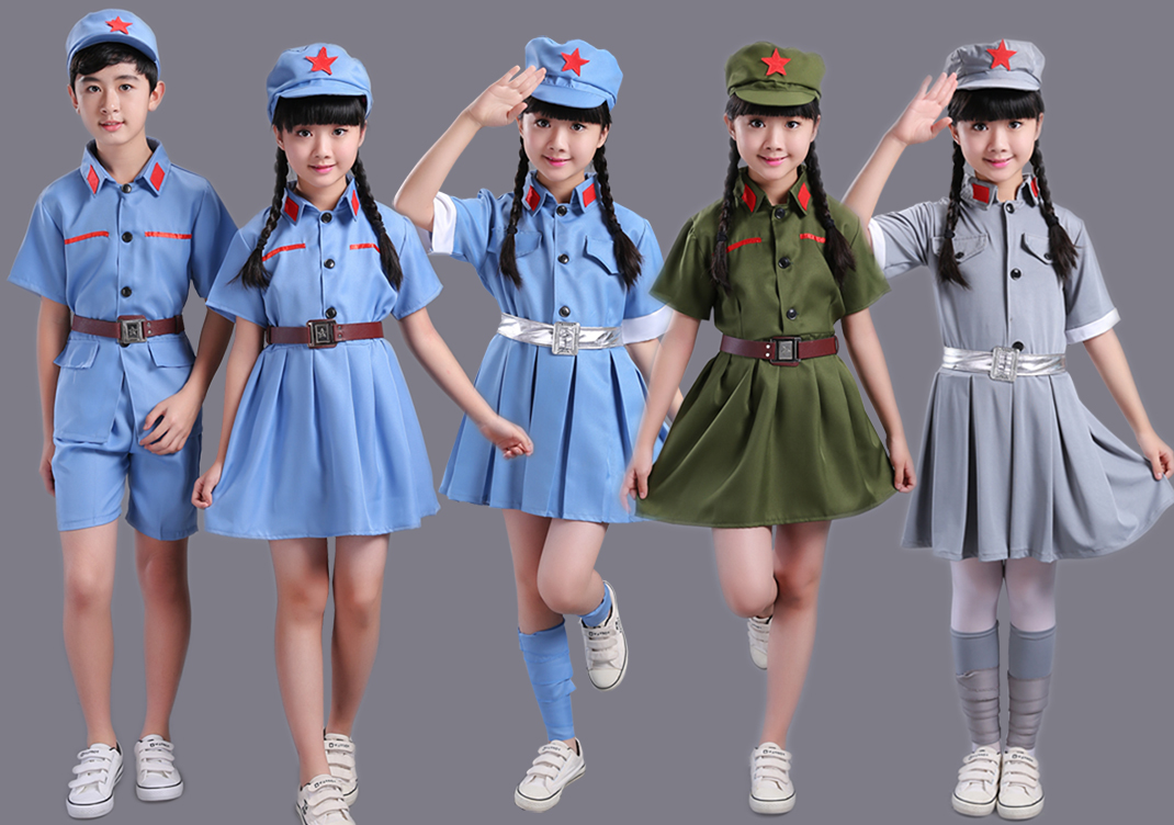 六一儿童小红军演出服装男女忆闪闪的红星舞蹈合唱表演服弹力军装