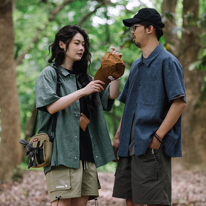 gosolo赤焰男孩法国麻日宽松短袖衬衫新款夏季衬衫