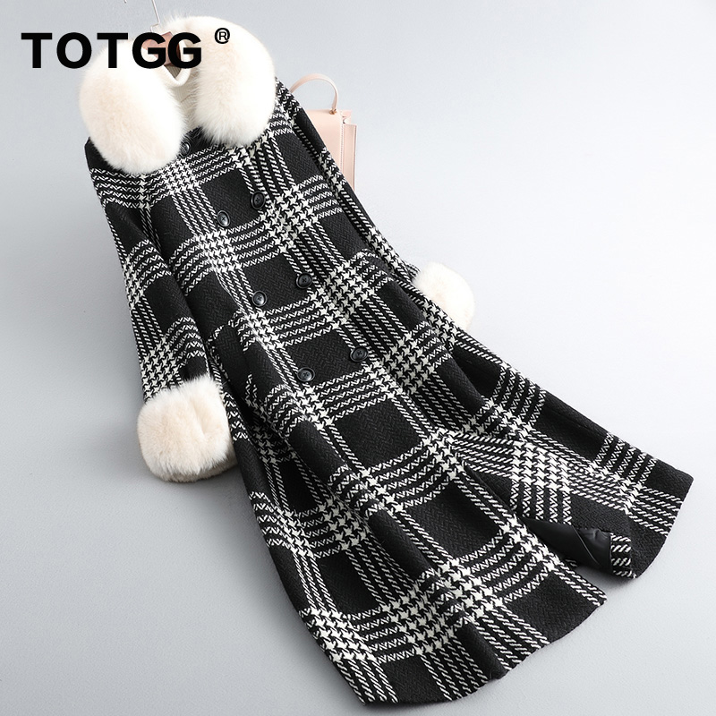 2021秋冬新款双面呢狐狸毛领赫本风双面呢大衣黑白格子毛呢外套女