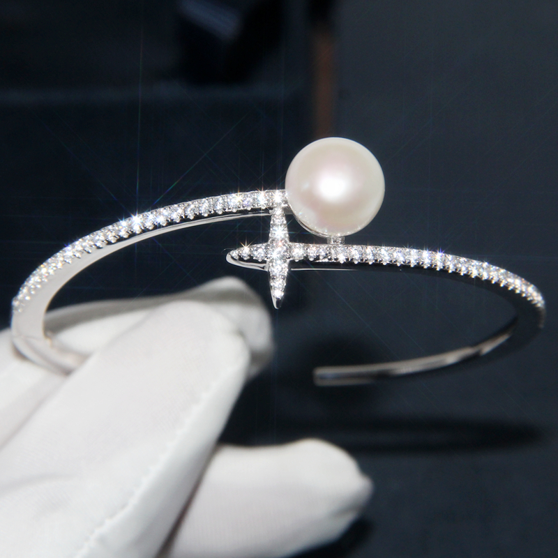 珍珠银饰简约手环开口星星镶嵌女士手镯纯银手镯