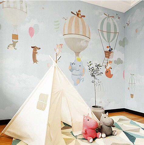 手绘欧式儿童房壁纸男孩女孩房卧室背景墙卡通动物墙纸壁画热气球