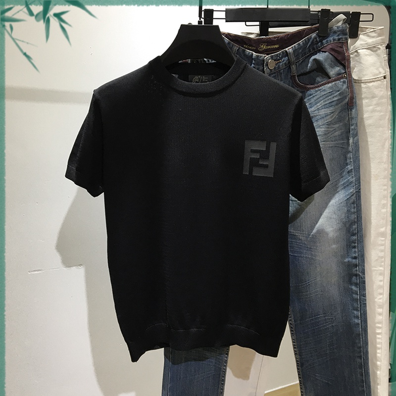 男士夏季黑色短袖T恤冰丝薄款透气修身潮牌针织半袖圆领印花上衣