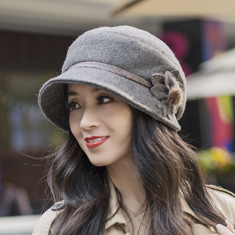 中年女帽子秋冬40-59岁新款时尚韩版保暖女士冬季毛呢盆帽渔夫帽