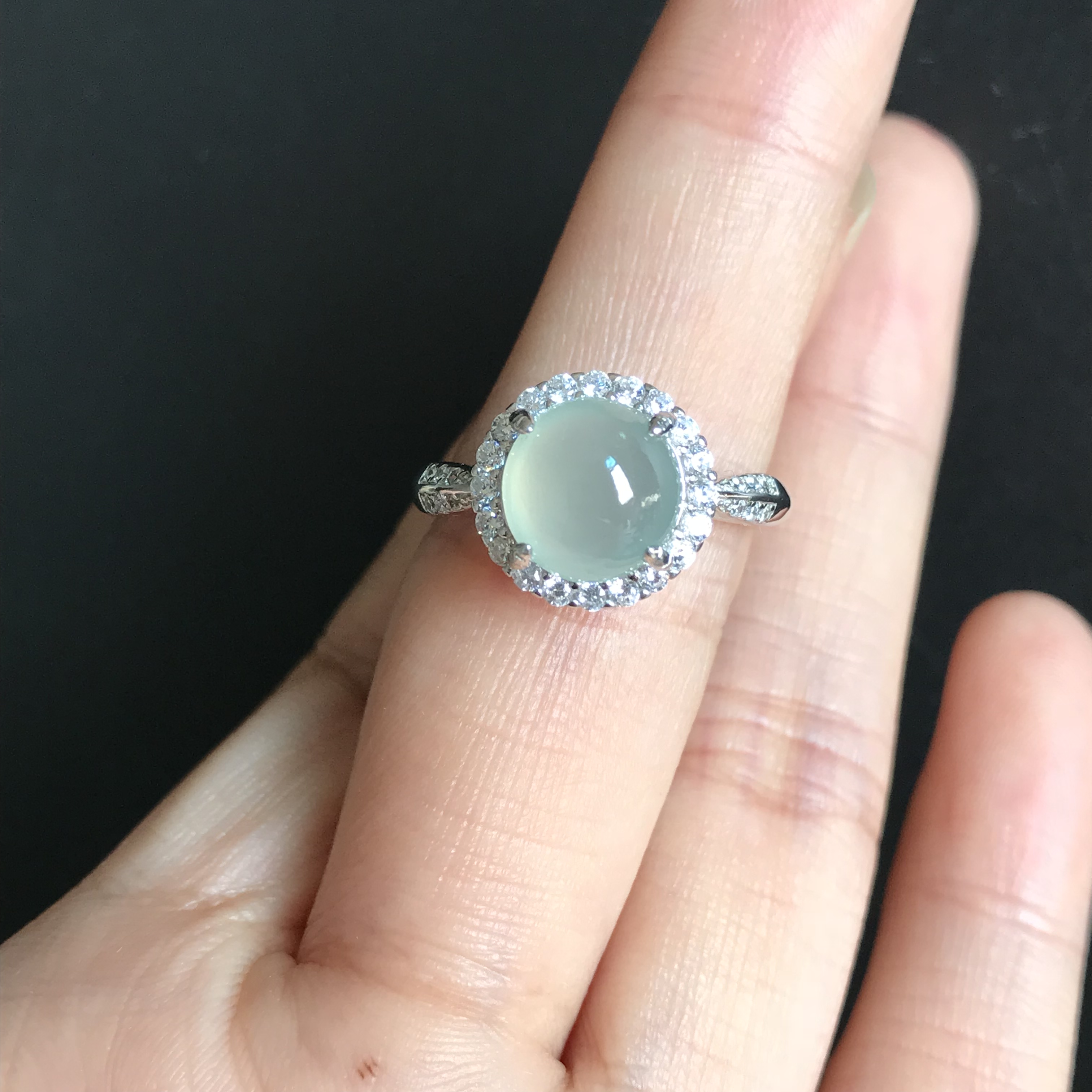 翡翠我卖戒指指环女银镶嵌冰种货蛋天然玉石戒指