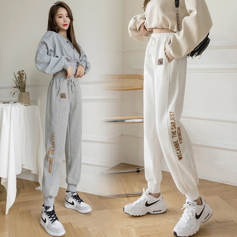 字母刺绣运动裤子女秋冬2021年新款宽松束脚加绒卫裤高腰哈伦裤潮