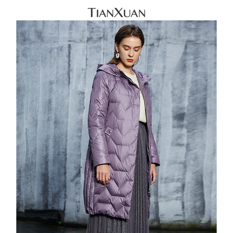 天轩羽绒服中长鹅绒白鹅绒商场连帽紫色新款冬季羽绒服
