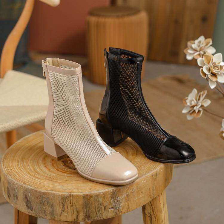 夏季中跟短靴瘦瘦镂空网靴网纱马丁靴子粗跟时装凉鞋
