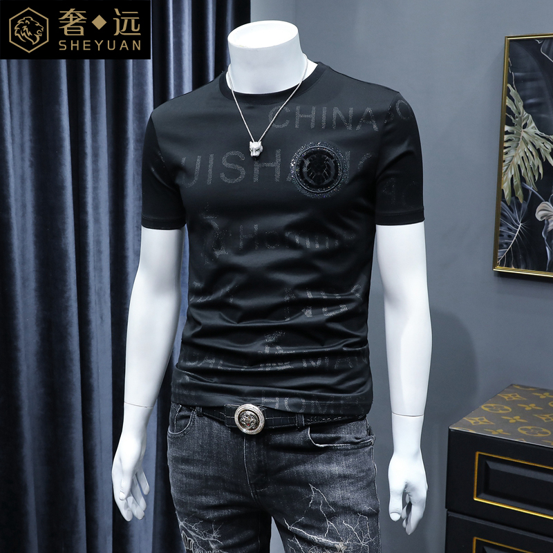 高端刺绣轻奢大牌短袖t恤男修身2021新款夏季男士纯棉体恤潮男装