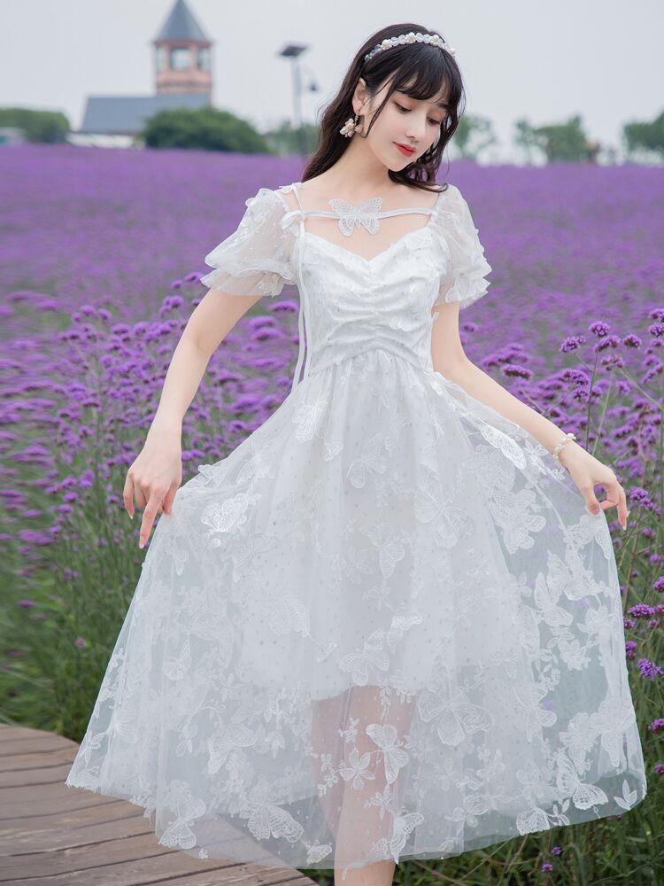 法式复古小仙女公主系带蝴蝶裙网森系可甜可盐连衣裙