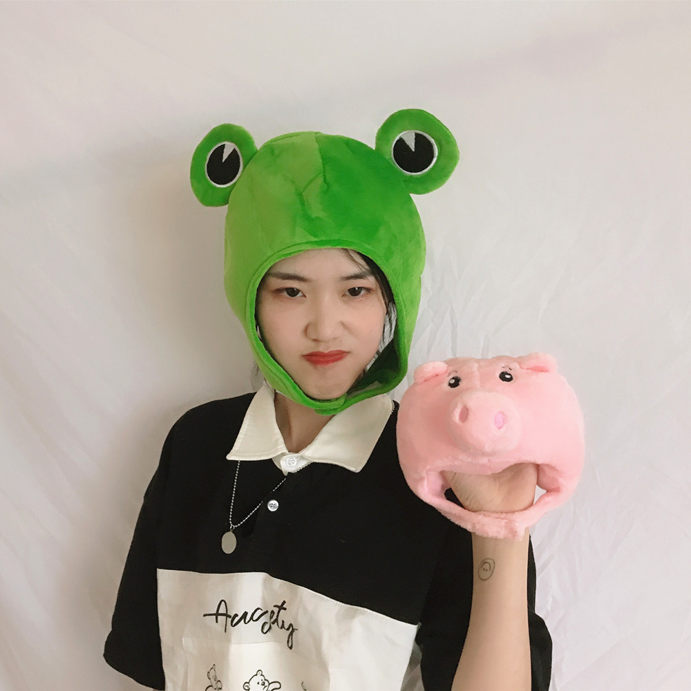 头套日系少女ins搞怪绿色大眼睛青蛙帽子拍照帽子