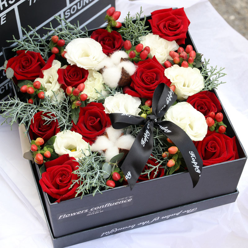 混搭红玫瑰方形礼盒鲜花速递同城生日北京上海深圳鲜花速递同城
