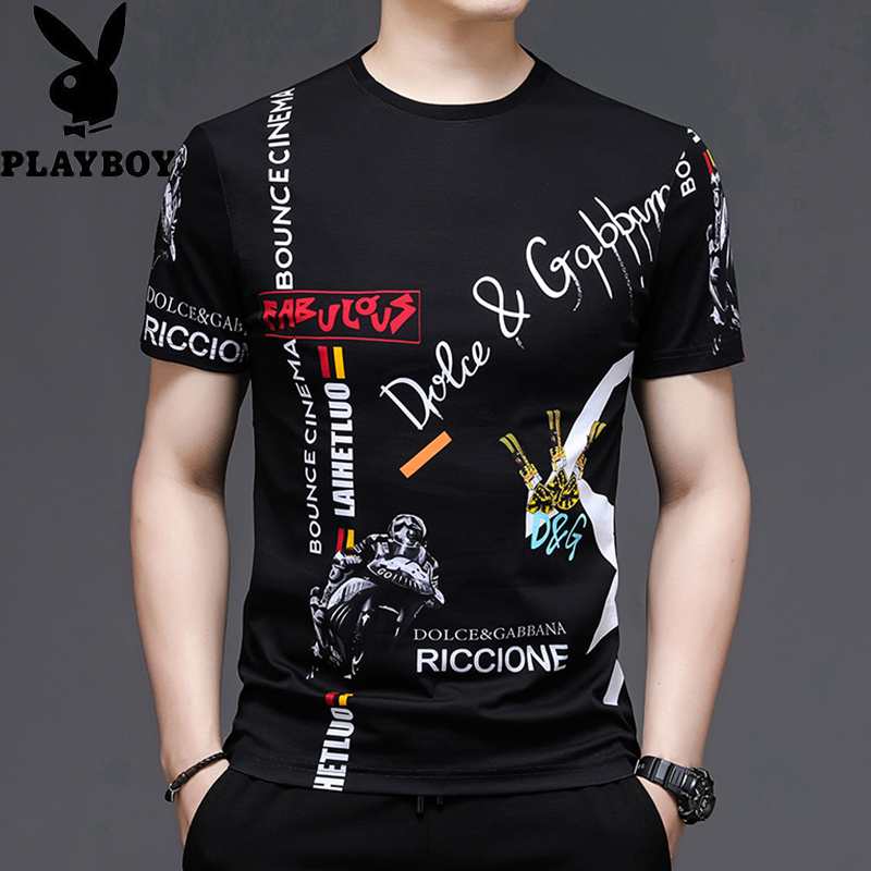 花花公子夏季纯棉短袖T恤男圆领半袖潮流印花重工艺个性男士体恤