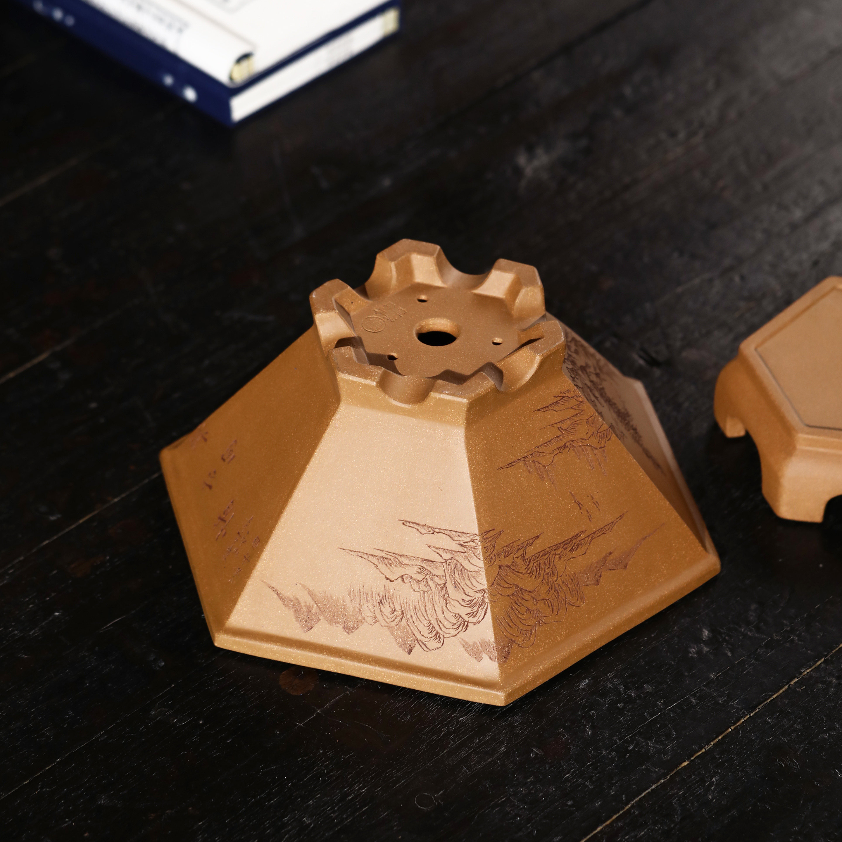 觅陶乡紫砂花盆苏兵带底座六方通转小盆盆景山水花盆