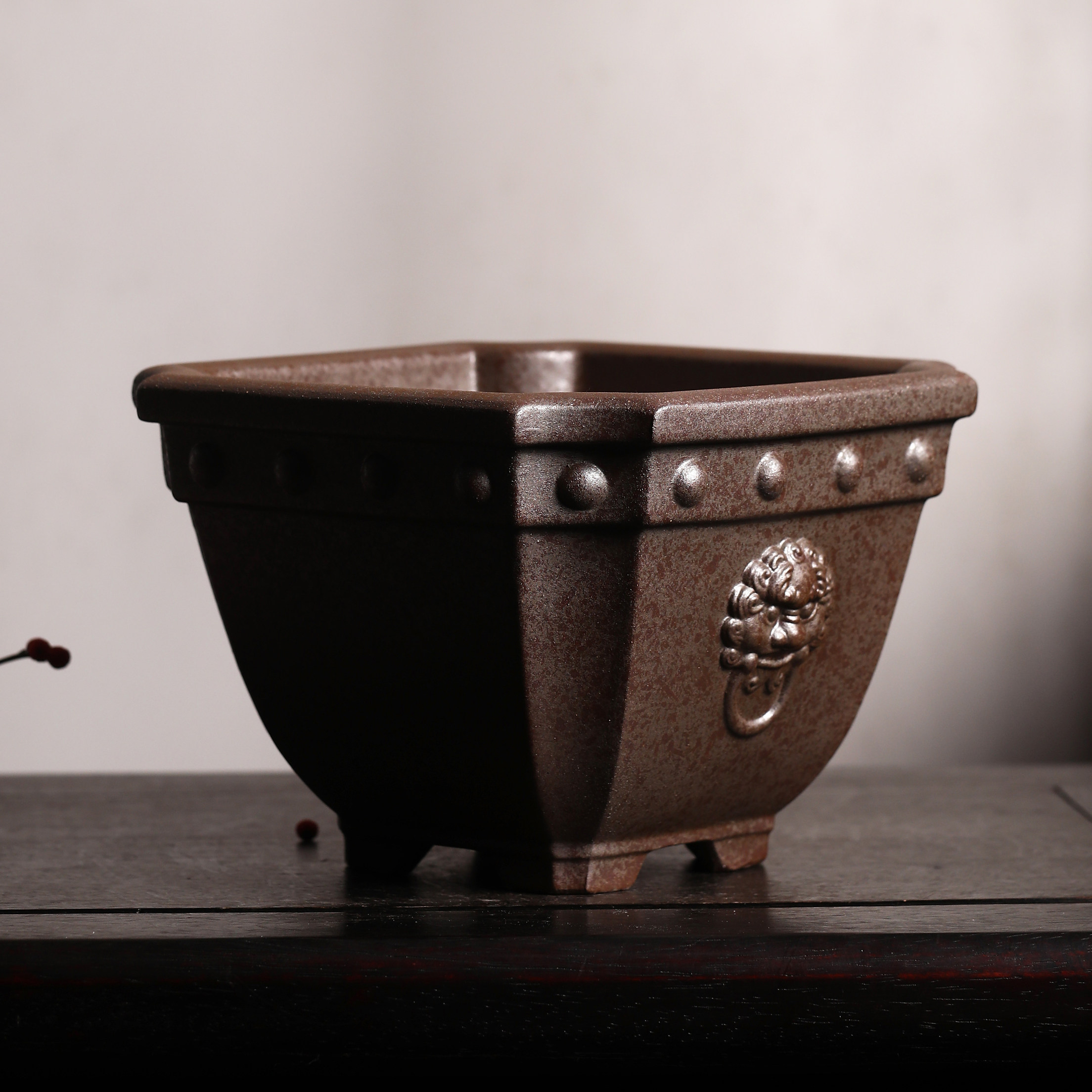 花盆紫砂陶瓷盆景狮子兽面斗盆兰觅陶乡柴烧仿古花盆