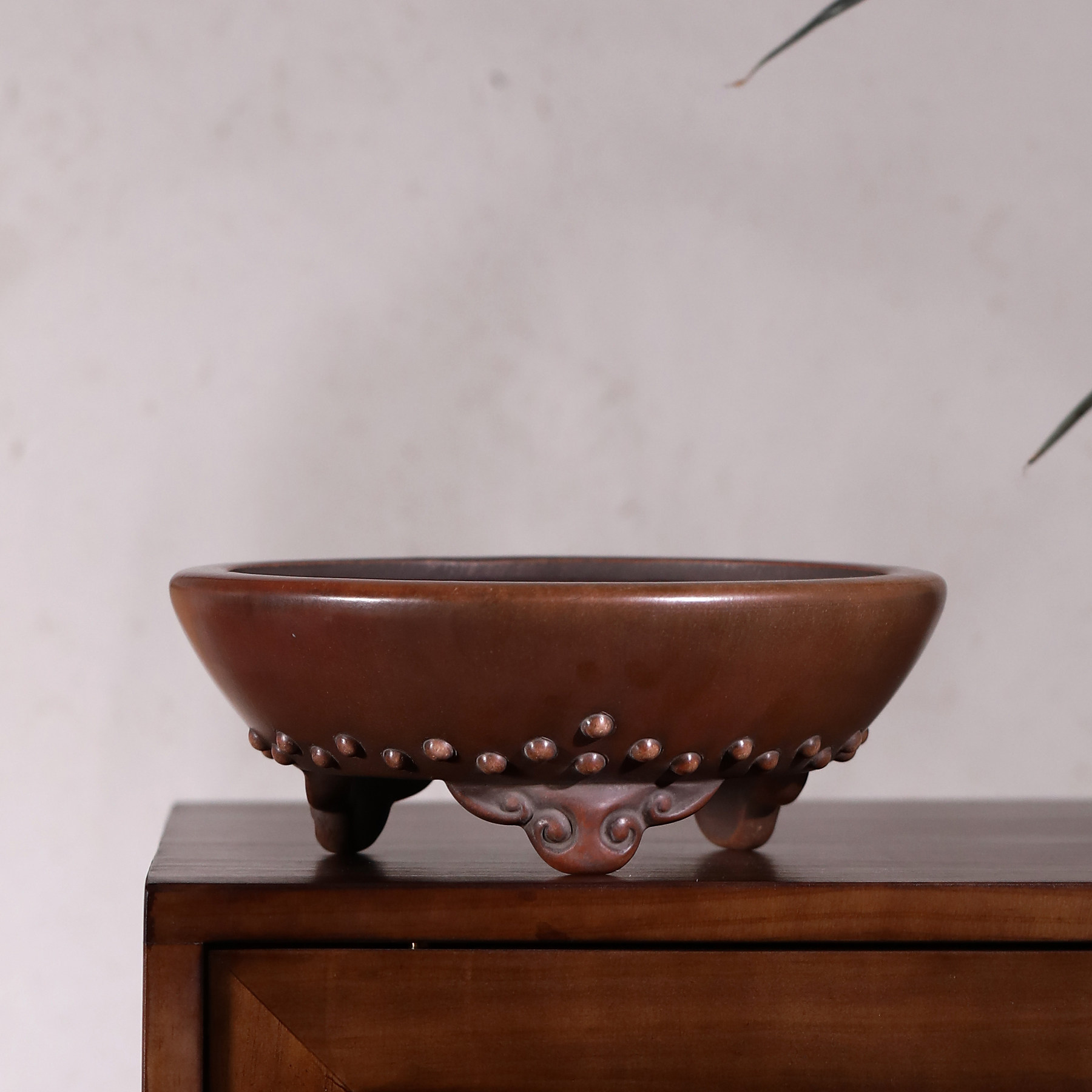 宜兴紫砂花盆朱水明三足如意鼓钉圆盆景菖蒲树桩盆水花盆