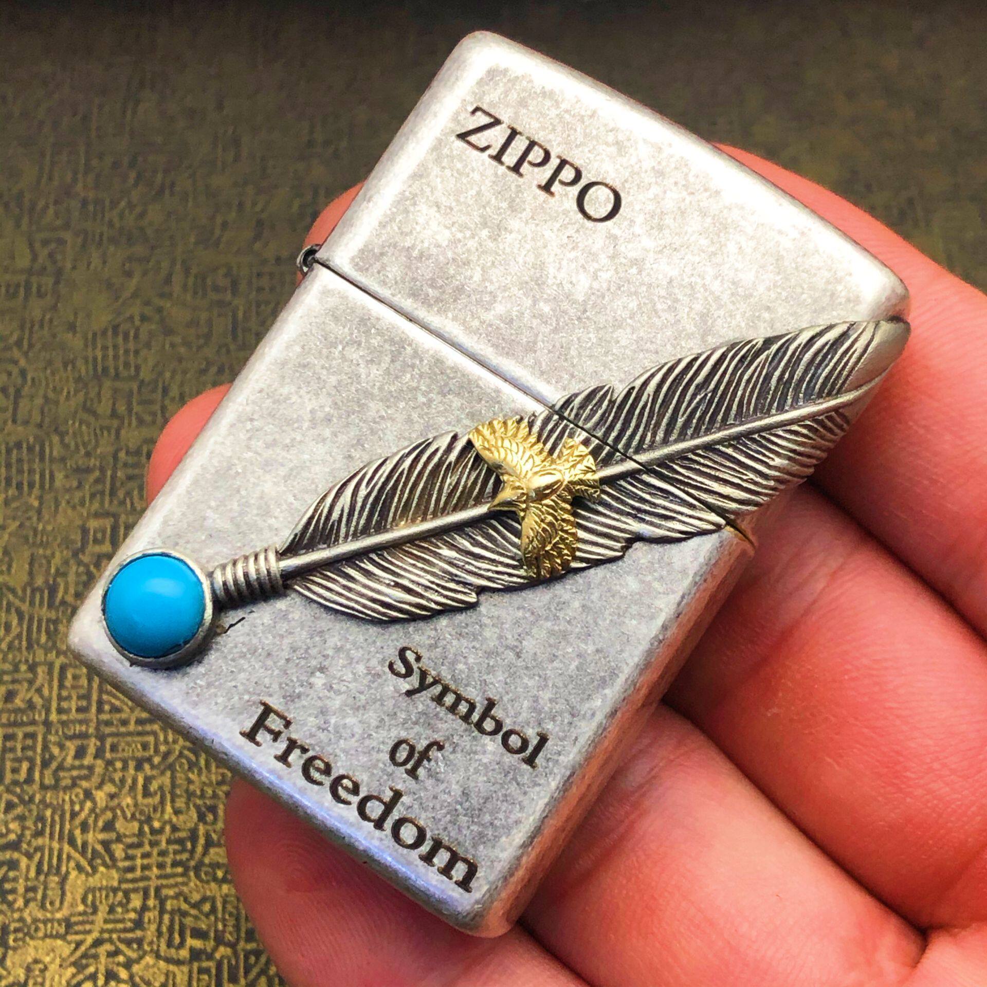 zippo打火机正版芝宝正品古银羽毛幸运绿松石男士送男友爱情礼物