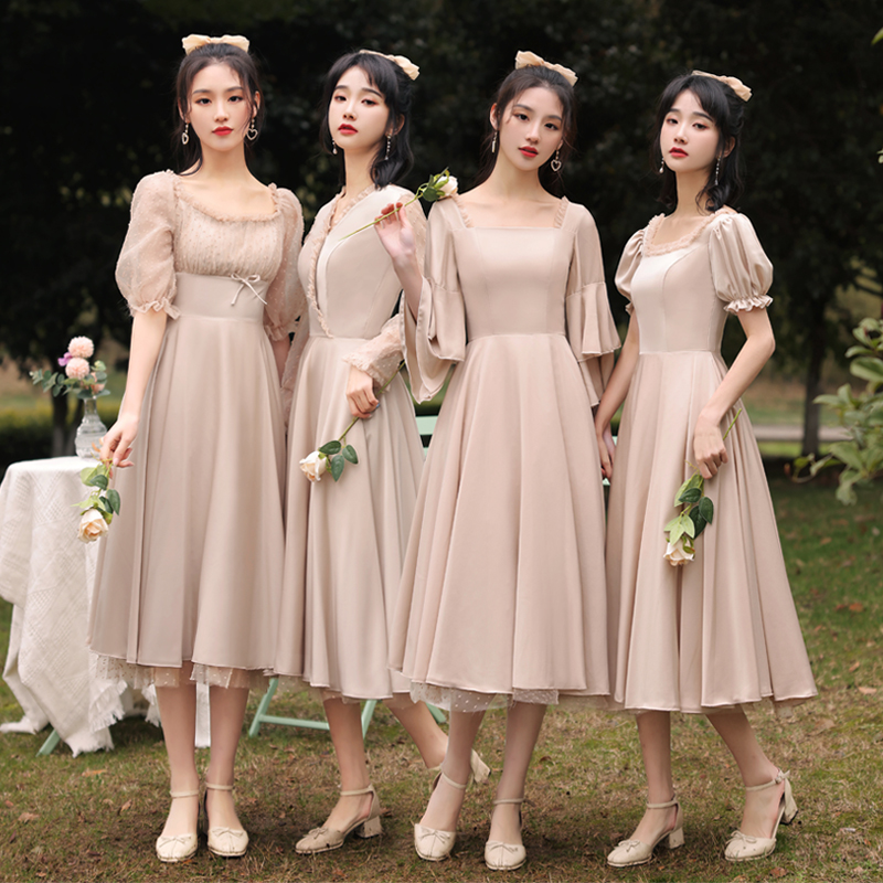 伴娘服显中长2021新款夏季缎面姐妹婚礼平时礼服